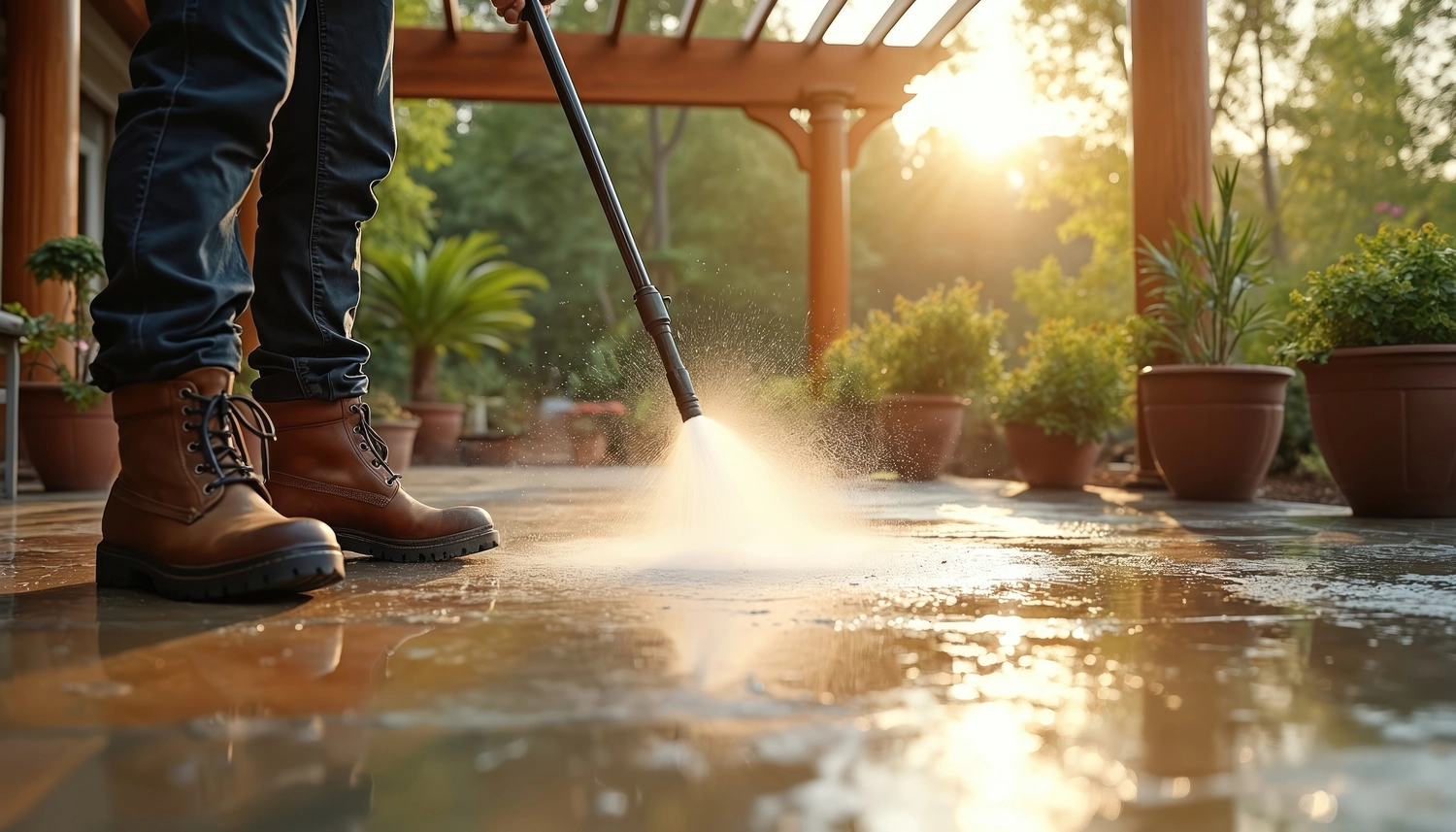 Roland Renner GmbH - Immobilienverwaltung und Gebäudedienstleistungen - Ein Mann reinigt seine Terrasse mit einem Hochdruckreiniger. Der Wasserstrahl entfernt Schmutz und Ablagerungen. Die Gartenpflege sorgt für eine glatte, saubere Oberfläche. An einem sonnigen Tag umgeben üppige Pflanzen die gereinigte Terrasse.